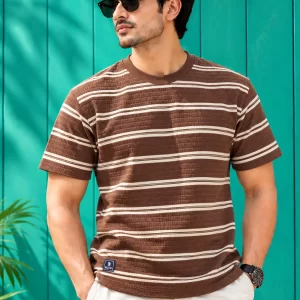 Textured Crew Neck T-Shirt – Brown & White