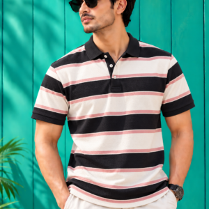 Striped Polo T-Shirt – Black & Blush