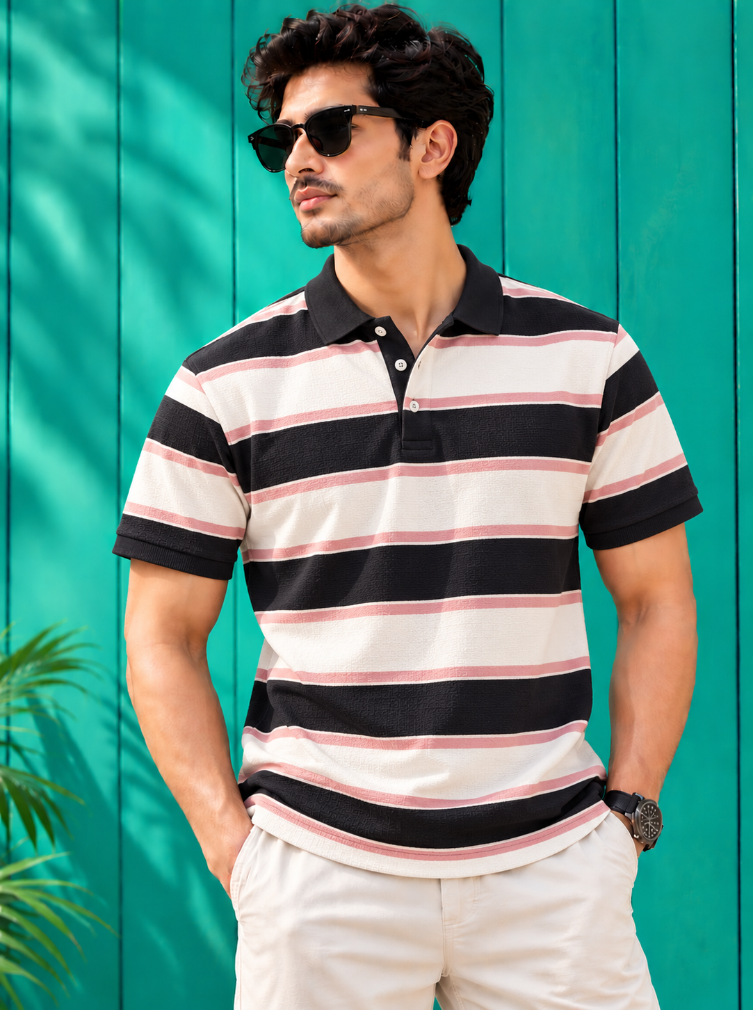 Striped Polo T-Shirt – Black & Blush